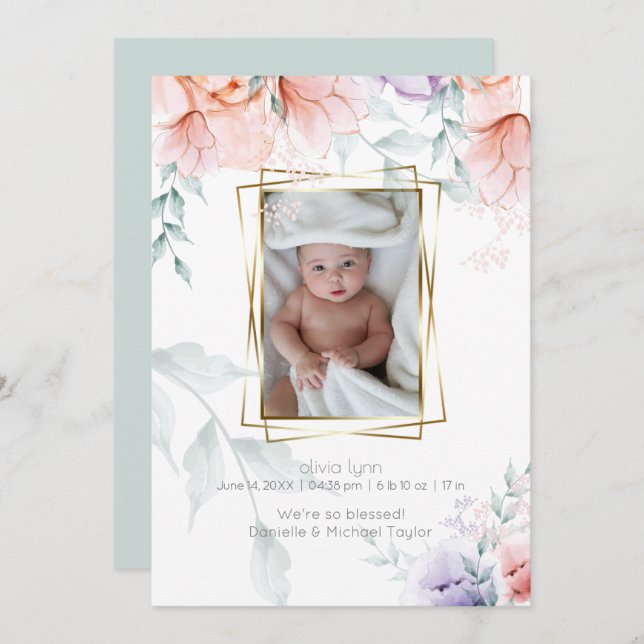 Baby |  Coral Lilac Aquarelle  Peony Flowers Invitation (Front/Back)
