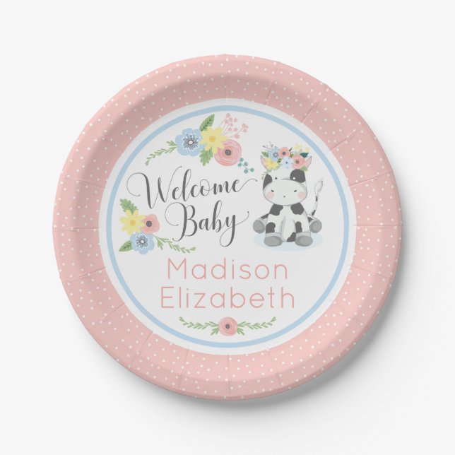 Baby Cow Floral Calf Welcome Baby Shower Party Paper Plate (Front)