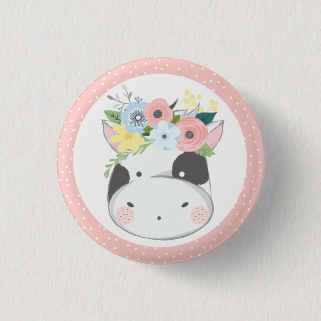 Baby Cow Floral Crown Pastel Pink Farm Barn Party 3 Cm Round Badge (Front)