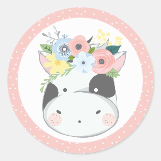 Baby Cow Floral Crown Pastel Pink Farm Barn Party Classic Round Sticker (Front)