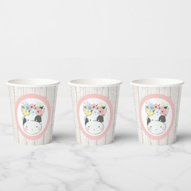 Baby Cow Floral Crown Pastel Pink Farm Barn Party Paper Cups (Multi)