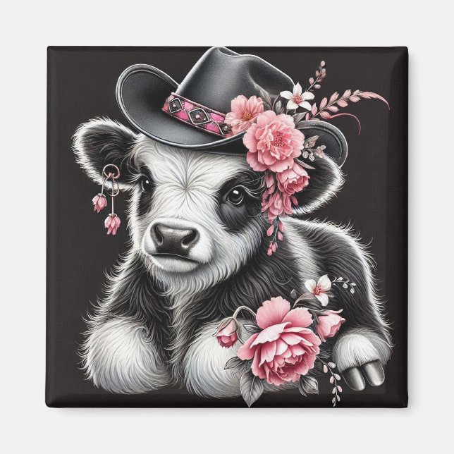Baby Cow in a Stylish Hat Adorned With Pink Blooms Magnet (Front)