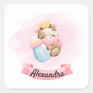 Baby Cow in Pink and Crown   Square Sticker