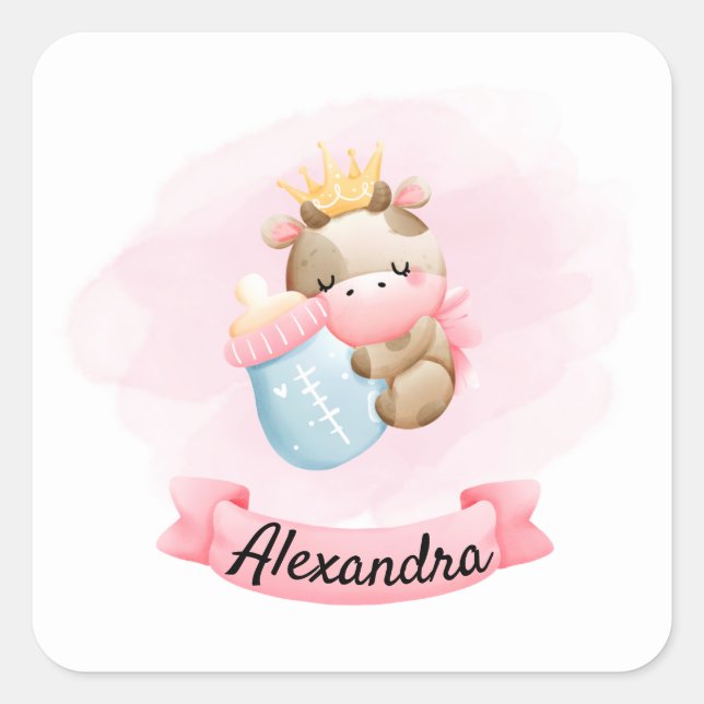 Baby Cow in Pink and Crown   Square Sticker (Front)