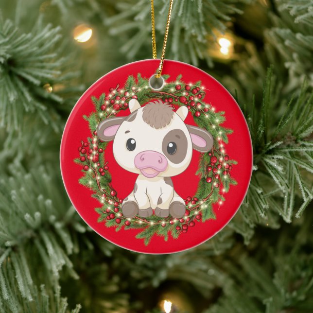Baby Cow Merry Christmas  Red  Ceramic Tree Decoration (Tree)