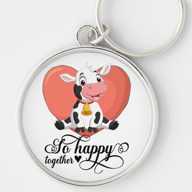 Baby Cow So Happy Together Red Heart Keychain (Front)