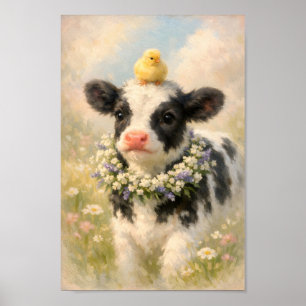 Baby Cow with Chick and Flower Wreath Painting Poster