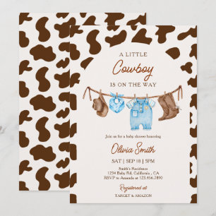 Baby Cowboy Clothesline Blue & Brown Baby Shower  Invitation
