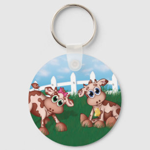 Baby Cows on a Hill Side With White Fence in Back Key Ring
