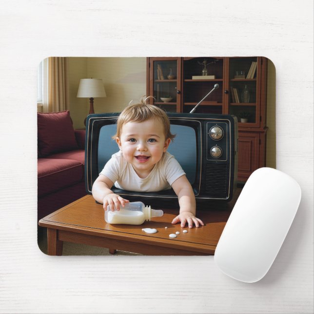 Baby Crawling Out of a Retro Television Mouse Pad (With Mouse)