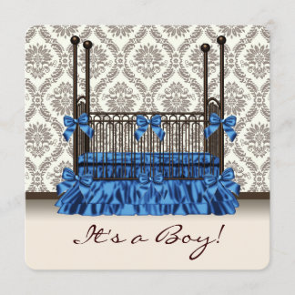 Baby Crib Blue Brown Damask Baby Boy Shower Invitation
