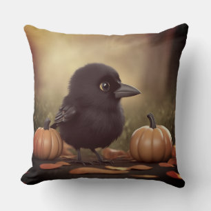 Baby Crow in the Pumpkins Cushion