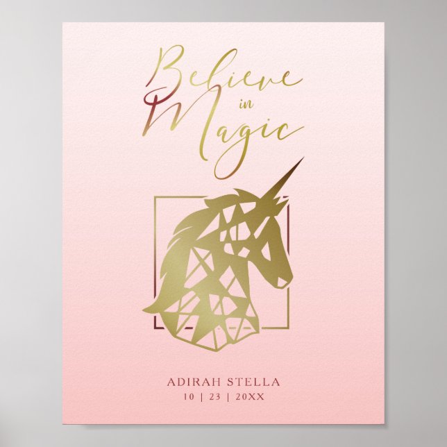 Baby Custom Name Date | Magic Unicorn | Pink Blush Poster (Front)