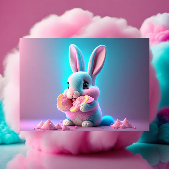 Baby, cute, cartoon pink bunny eating candies postcard (Creator Uploaded)