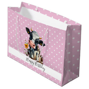 Baby Dairy Cow Pink White Dots Large Gift Bag