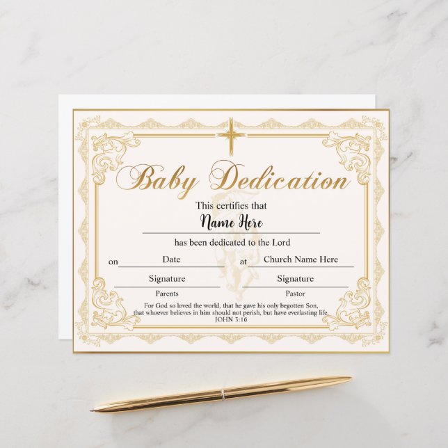Baby Dedication Certificate Gold (Front/Back In Situ)