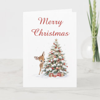 Baby Deer and Christmas Tree in the Snow Holiday Card