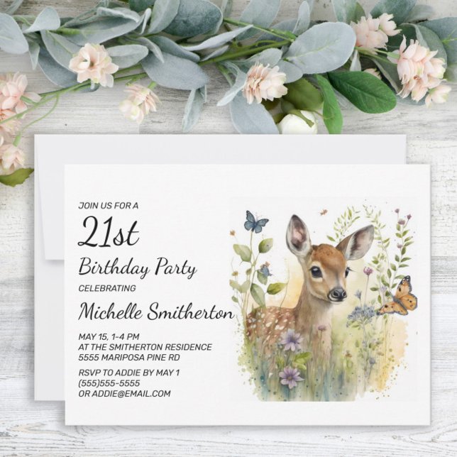 Baby Deer Butterfly Foliage Floral 21st Birthday Invitation (Creator Uploaded)