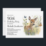 Baby Deer Butterfly Foliage Floral 90th Birthday Invitation<br><div class="desc">Capture the beauty of nature with this elegant women's 90th birthday party invitation featuring a stunning painting of a baby deer fascinated by a butterfly. Perfect for a wildlife or animal-themed birthday celebration, this art-inspired invitation will surely delight nature lovers of all ages. This card can be designed for anyone...</div>