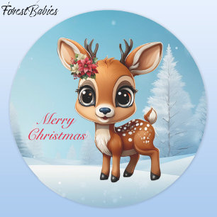 Baby Deer, Fawn, Doe, Floral Reindeer 🦌 🎄 Snow Classic Round Sticker