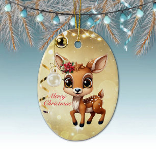 Baby Deer, Fawn, Doe 🦌 🎄Gold Merry Christmas Ceramic Tree Decoration