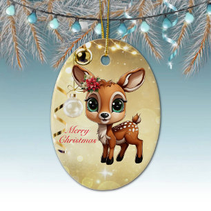 Baby Deer, Fawn, Doe 🦌 🎄Gold Merry Christmas Ceramic Tree Decoration