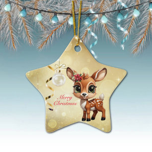 Baby Deer, Fawn, Doe 🦌 🎄Gold Merry Christmas Ceramic Tree Decoration