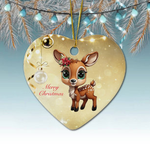 Baby Deer, Fawn, Doe 🦌 🎄Gold Merry Christmas Ceramic Tree Decoration