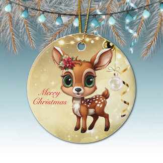 Baby Deer, Fawn, Doe 🦌 🎄Gold Merry Christmas Ceramic Tree Decoration