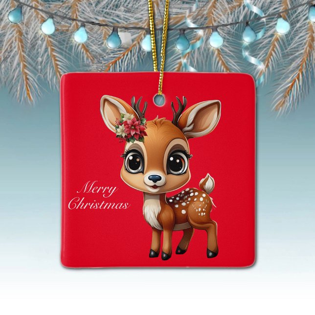 Baby Deer, Fawn, Doe, Reindeer🦌 🎄Merry Christmas Ceramic Ornament (Reindeer, Floral Fawn Doe Poinsettia Customizable Merry Christmas Red Square Ceramic Ornament🦌🎄)
