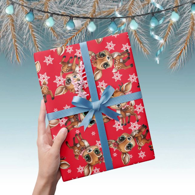 Baby Deer, Fawn, Doe, Reindeer🦌🎄Red, Snowflake Wrapping Paper (Cute Baby Floral Deer, Fawn, Doe Lover Reindeer Antlers Snowflake Pattern Red Wrapping Paper 🦌 🎄)