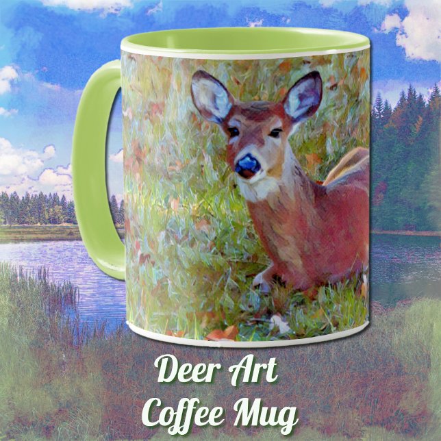 Baby Deer Fawn Resting in Meadow Art Mug Cup (A pretty deer resting in a meadow and in an artsy style on a nice coffee mug.)
