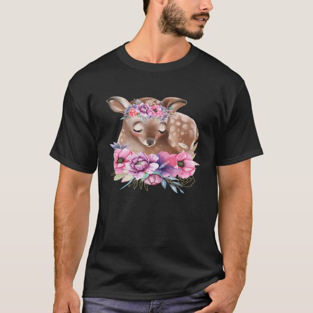 Baby Deer Fawn with Flowers Forest Animals Nature  T-Shirt (Front)