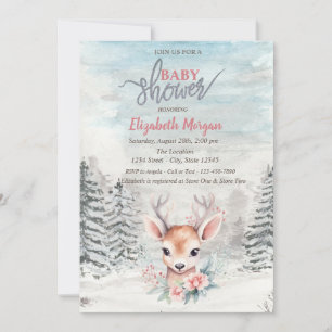 Baby Deer Flower Forest Snow Baby Shower Invitation