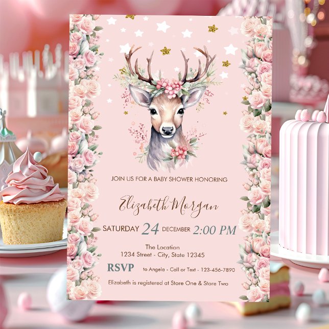 Baby Deer Flowers Holly Berry Stars Baby Shower  Invitation (Creator Uploaded)