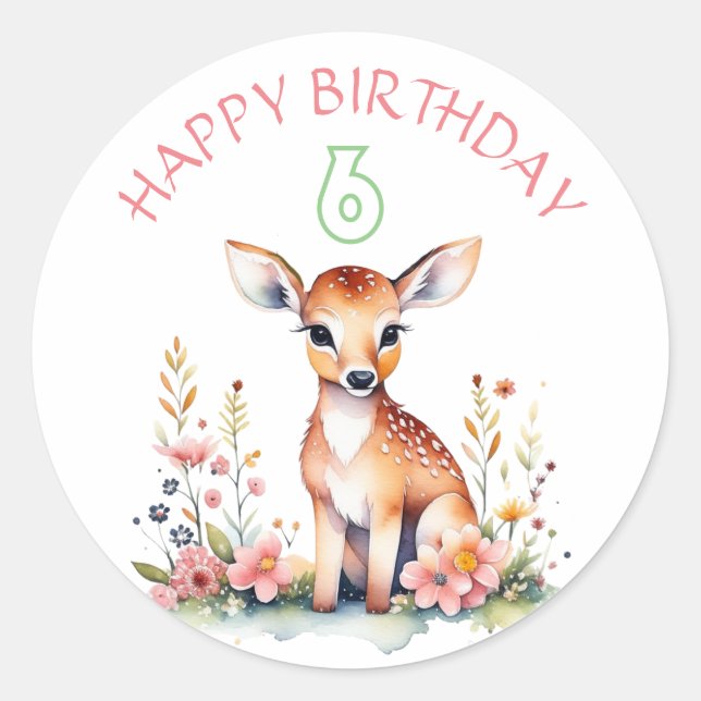 Baby Deer in Flowers Girl's Birthday Party  Classic Round Sticker (Front)