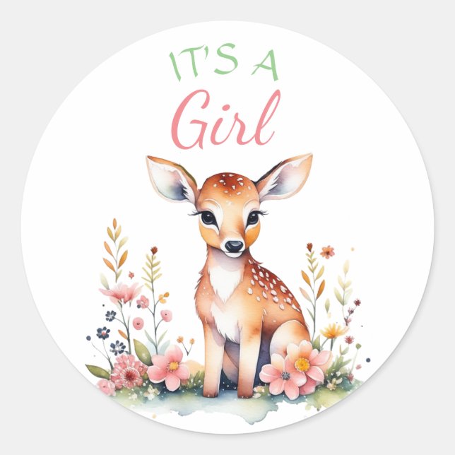 Baby Deer in Flowers | It's a Girl Baby Shower Classic Round Sticker (Front)