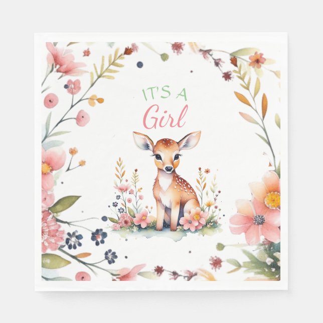Baby Deer in Flowers | It's a Girl Baby Shower Napkin (Front)