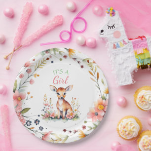 Baby Deer in Flowers   It's a Girl Baby Shower Paper Plate