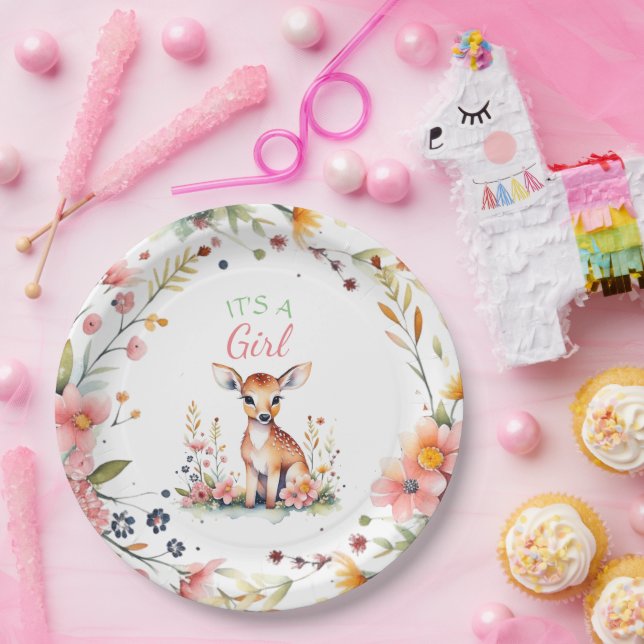 Baby Deer in Flowers | It's a Girl Baby Shower Paper Plate (Party)