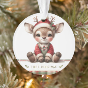 Baby Deer in Plaid Overalls & Santa Hat Ornament