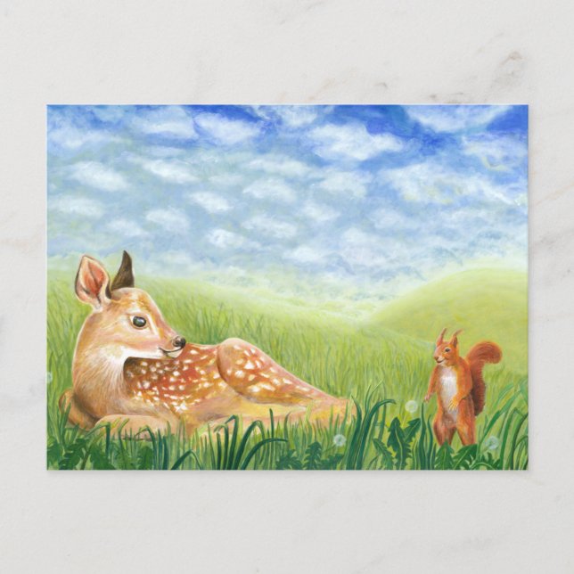 Baby Deer in the Grass Illustration  Holiday Postcard (Front)