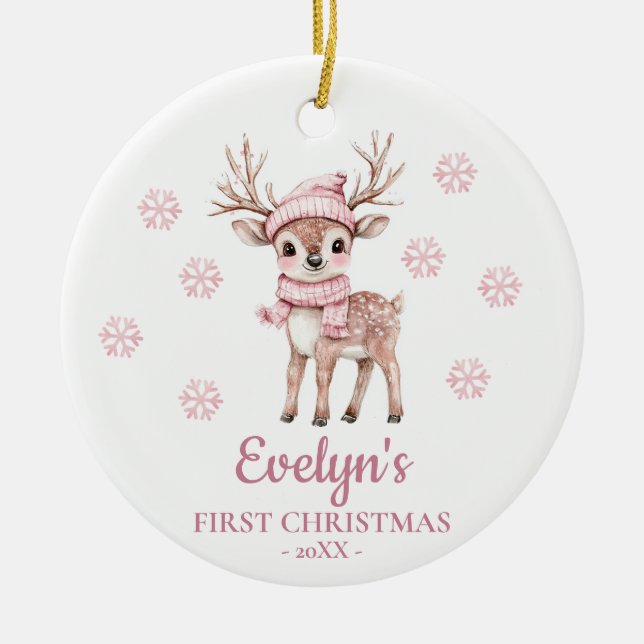 Baby Deer Personalized Girl's First Christmas Ceramic Tree Decoration (Front)