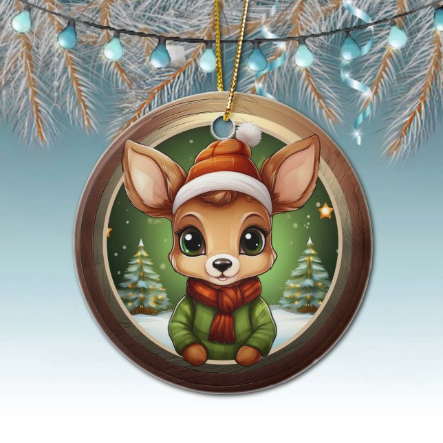 Baby Deer Rustic Doe Character Fawn Xmas Tree 🦌🎄 Ceramic Tree Decoration (Rustic Xmas Reindeer, Christmas fawn Decor, Deer Decoration, Fawn with Antlers Ceramic Ornament 🦌🎄)