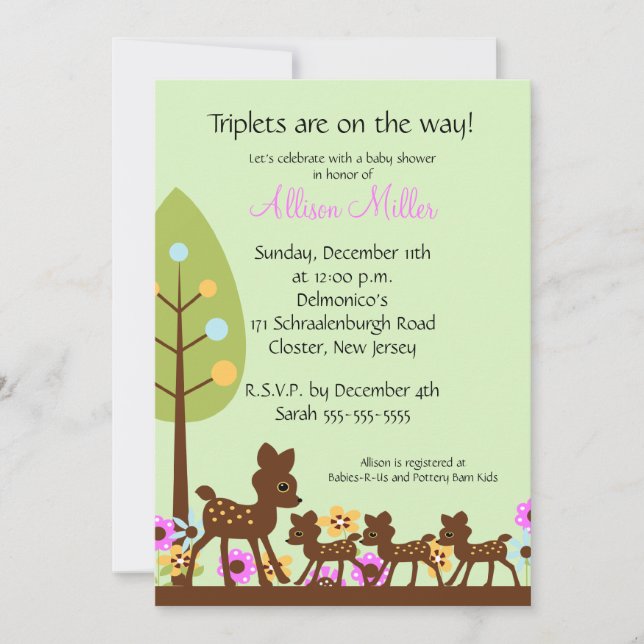 Baby Deer TRIPLETS Baby Shower Invitation (Front)