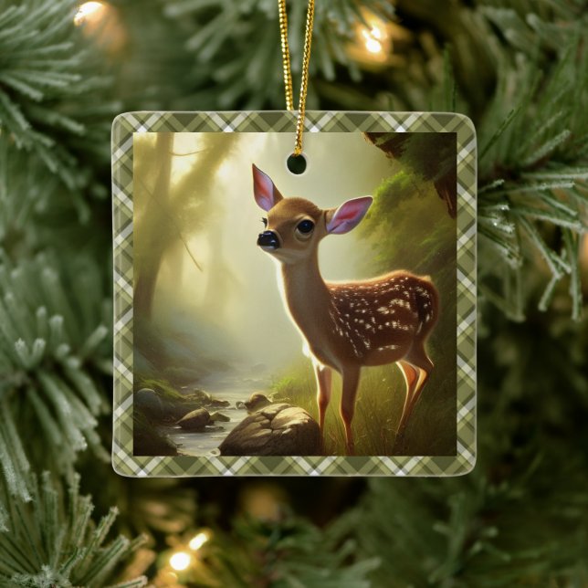 Baby Deer Wildlife Portrait Personalised  Ceramic Ornament (Tree)