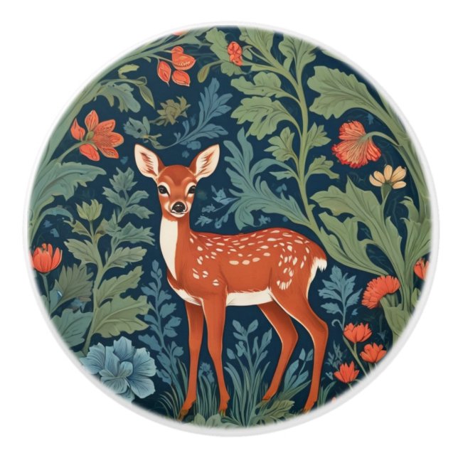 Baby Deer William Morris style Left Facing Fawn Ceramic Knob (Front)