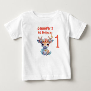 Baby Deer with Antlers and Flower 1st Birthday T-Shirt