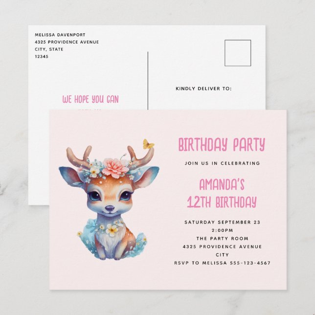 Baby Deer with Antlers and Flowers Birthday Party Postcard (Front/Back)