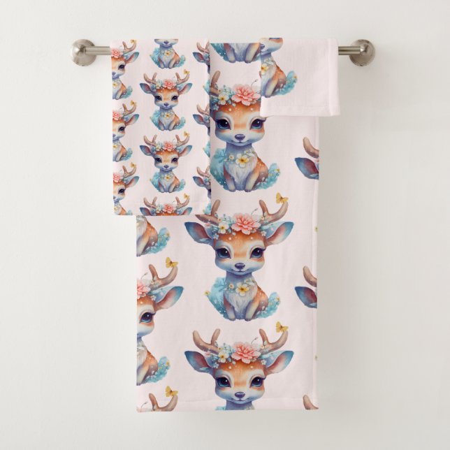 Baby Deer with Antlers and Flowers Pattern Bath Towel Set (Insitu)